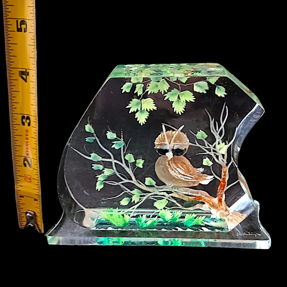 Vintage Lucite Owl Paperweight Sculpture Hand Painted Woodland Bird MCM Decor - Picture 4 of 16